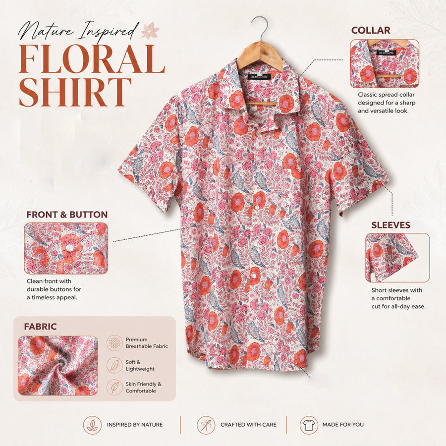 Hand Block Printed White Multi Floral Cotton Shirt for Men | Handcrafted Casual and Vacation Wear Summer Shirt
