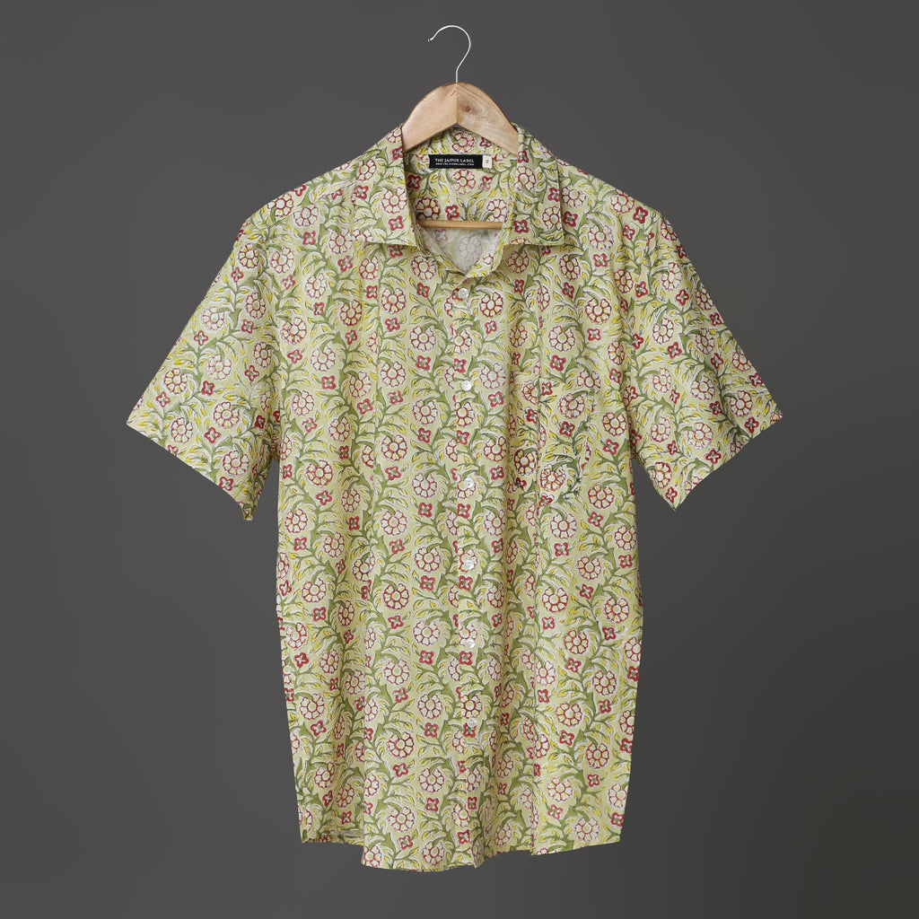 Hand Block Printed Short Sleeve Men Shirt in Light Green colour