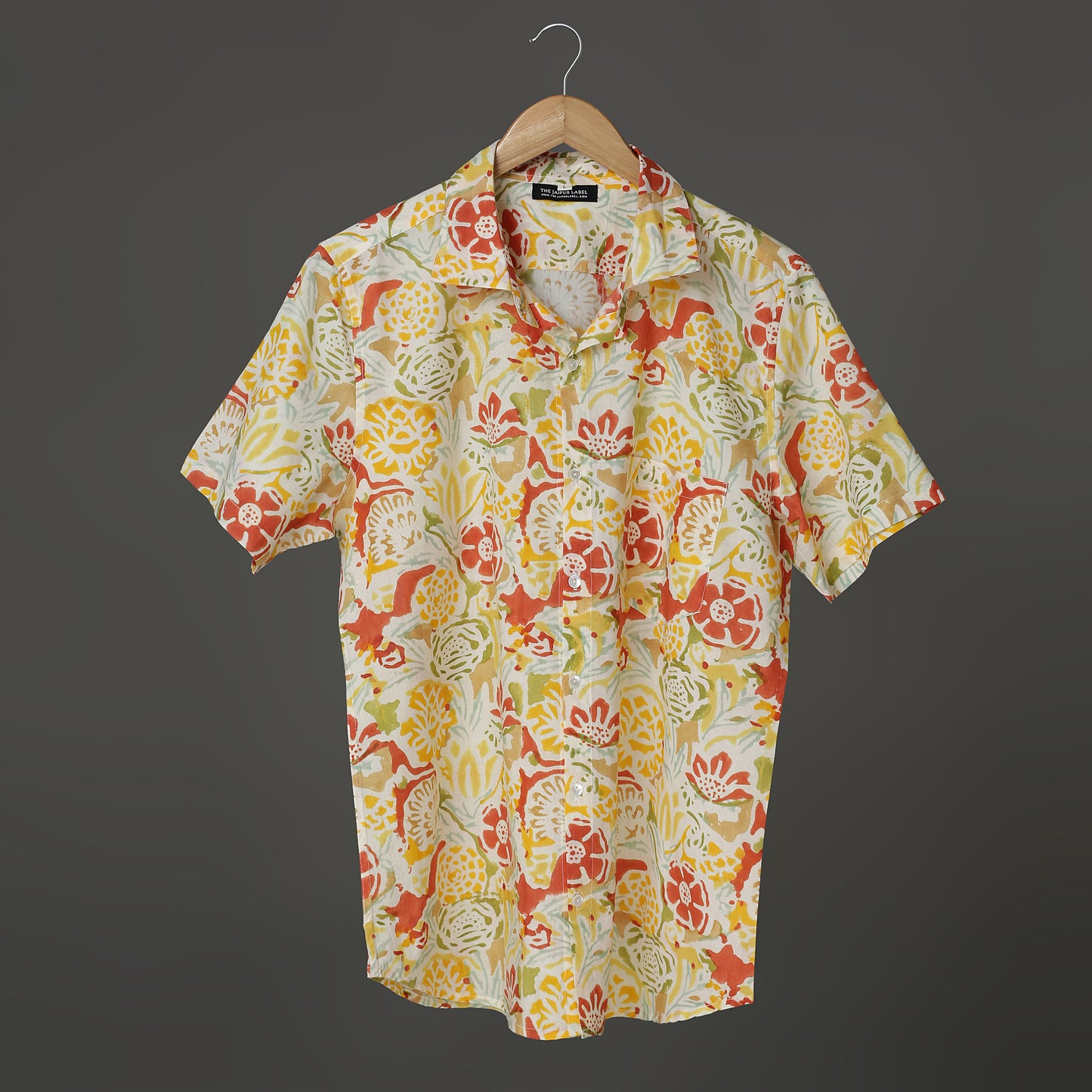 Men’s Yellow Orange Floral Block Print Cotton Shirt – Short Sleeve Collar Shirt | Jaipur Handcrafted