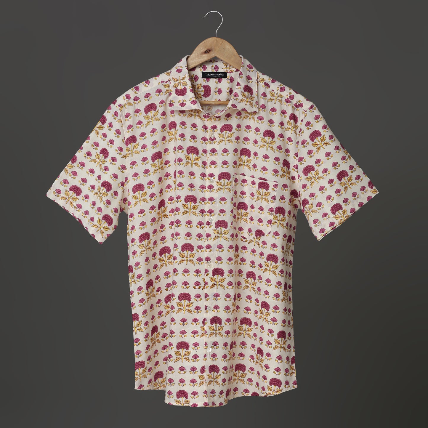 Hand Block Printed Cotton Shirt – Maroon & Mustard Tree Motif | The Royal Threads