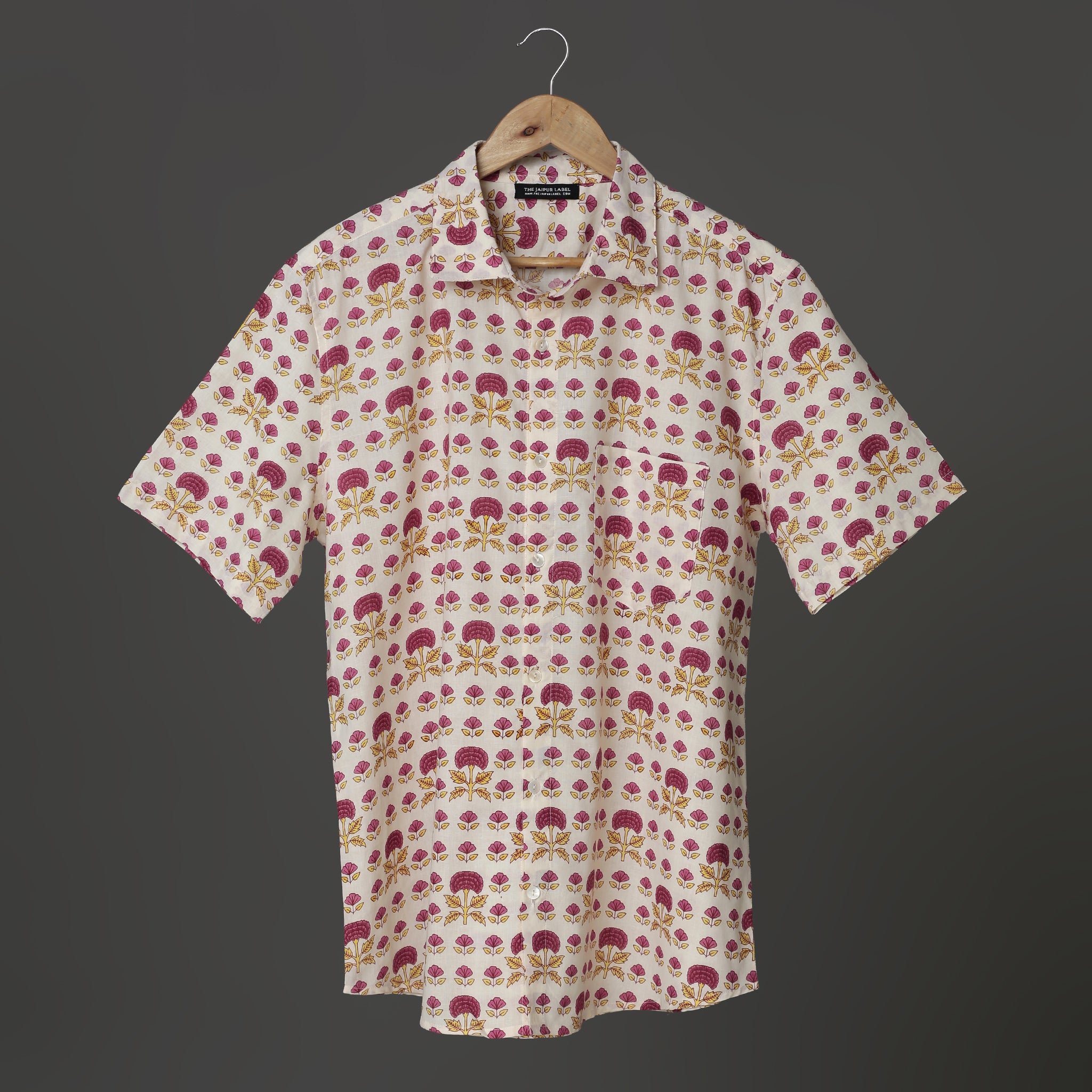 Hand Block Printed Cotton Shirt – Maroon & Mustard Tree Motif | The Royal Threads