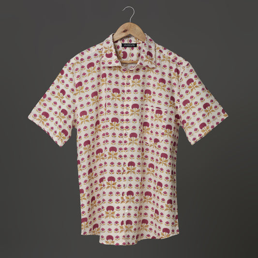 Hand Block Printed Cotton Shirt – Maroon & Mustard Tree Motif | The Royal Threads