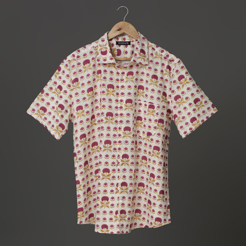 Maroon Mustard Tree Block Print Cotton Shirt for Men