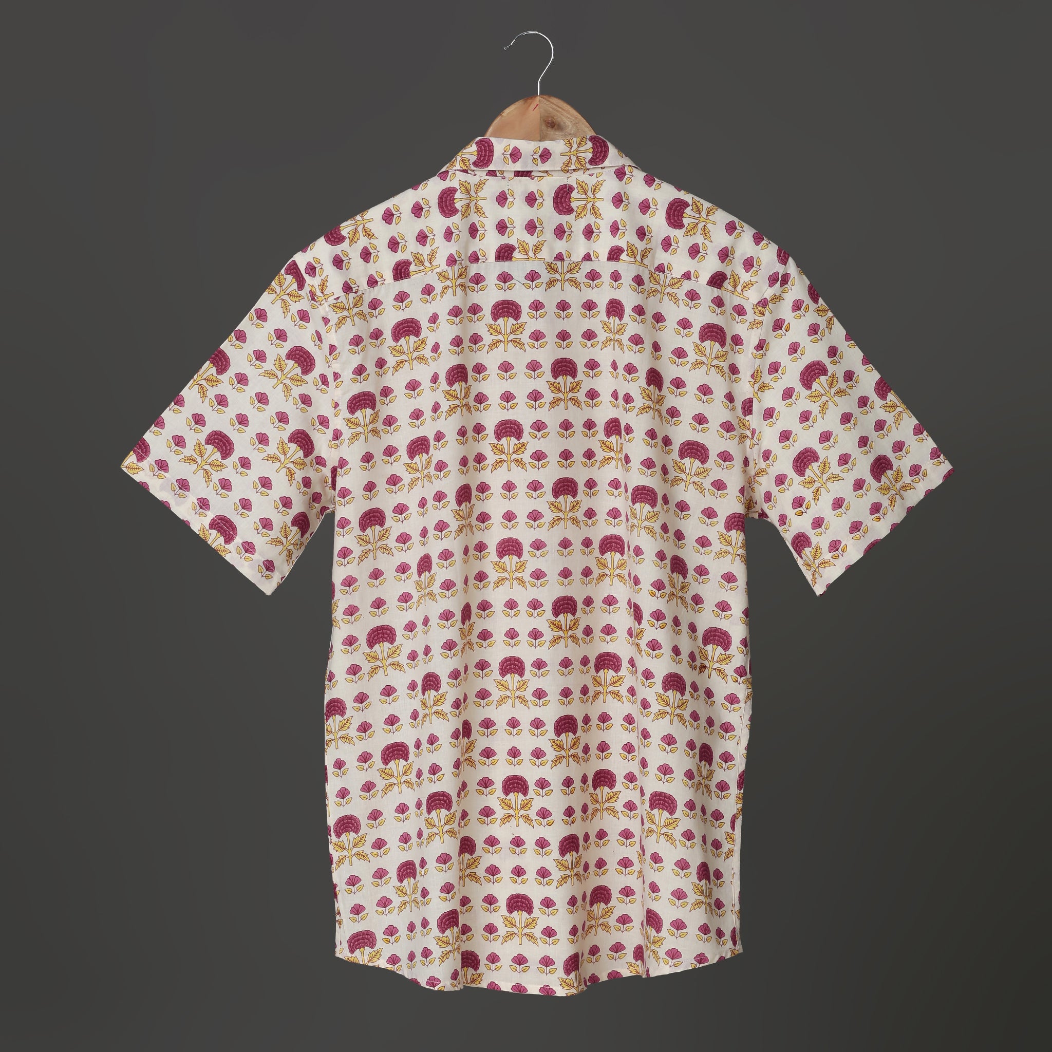 Hand Block Printed Cotton Shirt – Maroon & Mustard Tree Motif | The Royal Threads