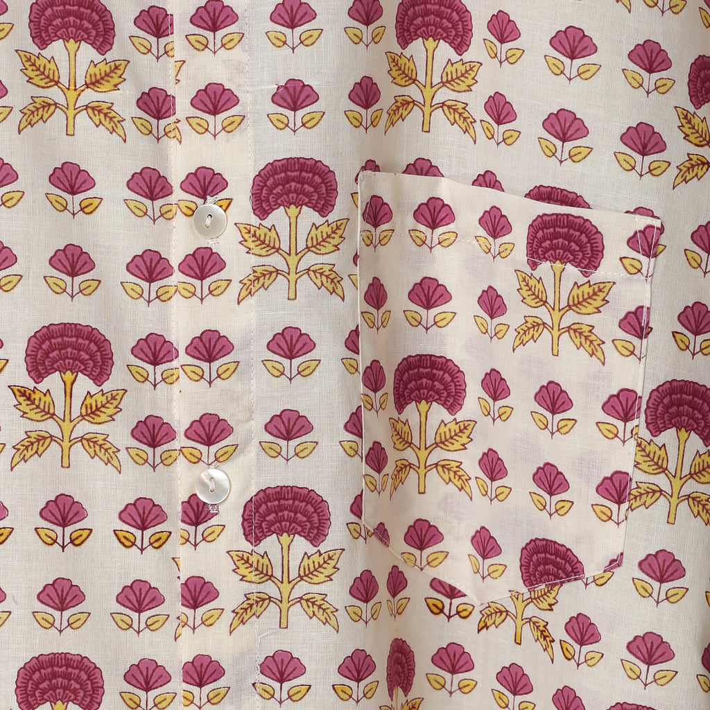 Hand Block Printed Cotton Shirt – Maroon & Mustard Tree Motif | The Royal Threads
