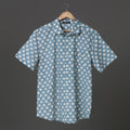 Happy Vibes Men’s Blue Block Print Cotton Shirt – White Leaf Print | Cool Summer Shirt for Holidays & Parties