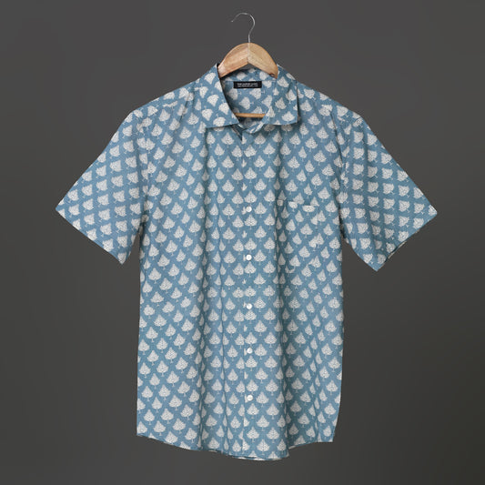 Happy Vibes Men’s Blue Block Print Cotton Shirt – White Leaf Print | Cool Summer Shirt for Holidays & Parties