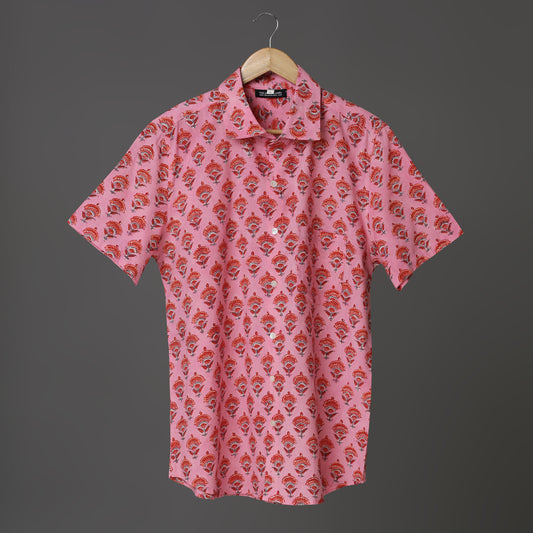 Blossom Mood Men’s Pink Cotton Shirt – Maroon & Orange Marigold Block Print | Floral Summer Shirt