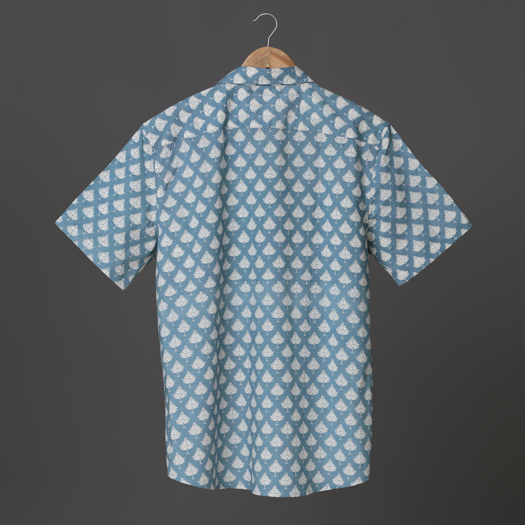 Happy Vibes Men’s Blue Block Print Cotton Shirt – White Leaf Print | Cool Summer Shirt for Holidays & Parties