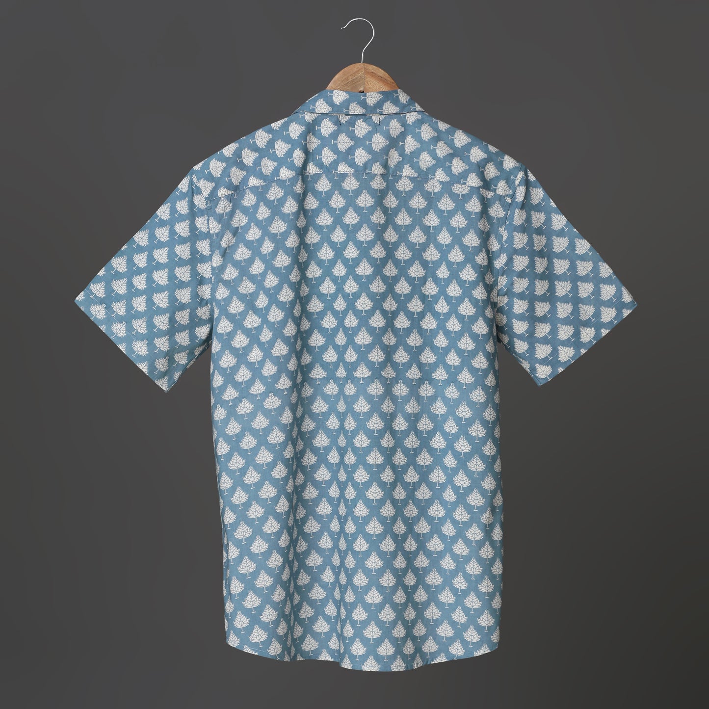 Happy Vibes Men’s Blue Block Print Cotton Shirt – White Leaf Print | Cool Summer Shirt for Holidays & Parties