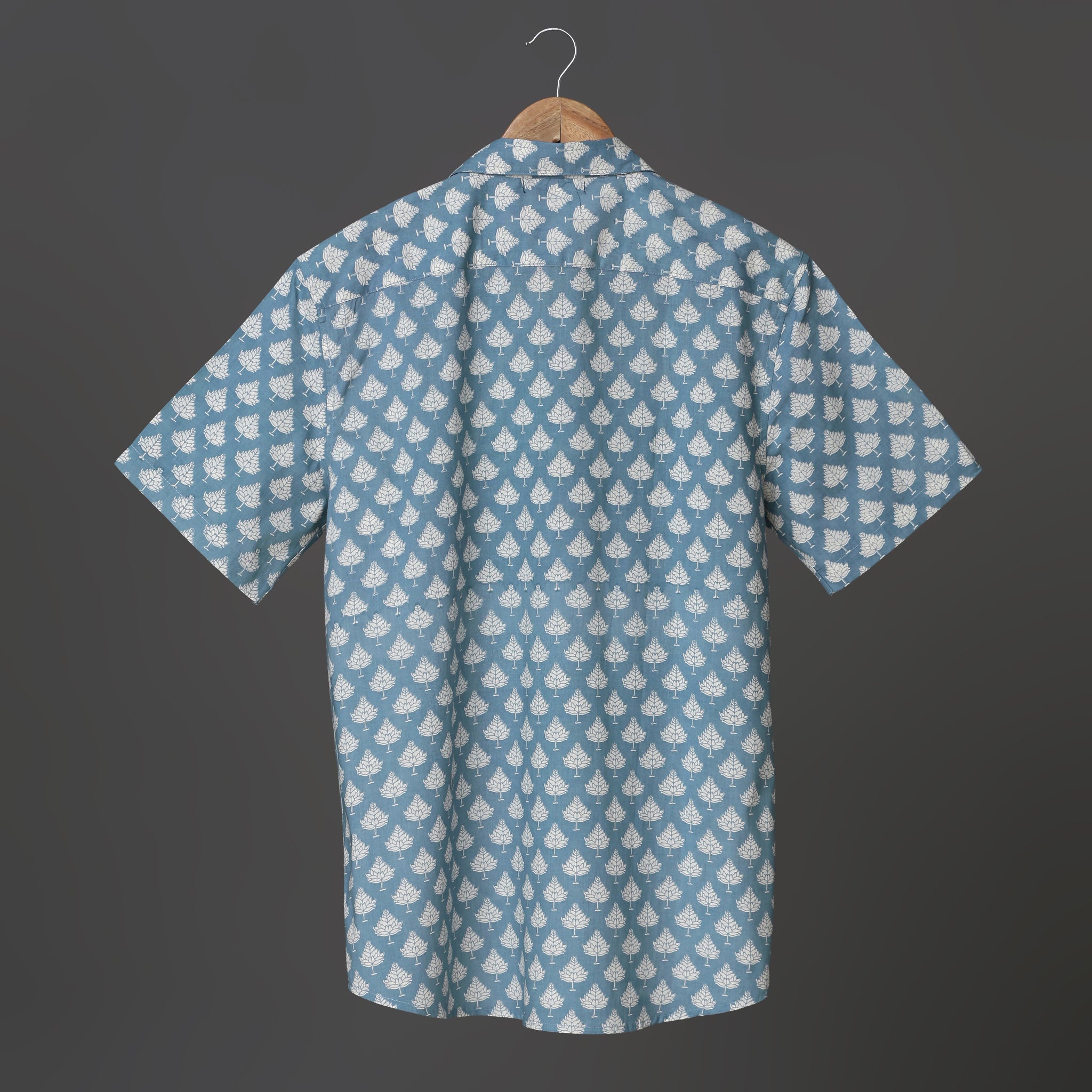 Happy Vibes Men’s Blue Block Print Cotton Shirt – White Leaf Print | Cool Summer Shirt for Holidays & Parties