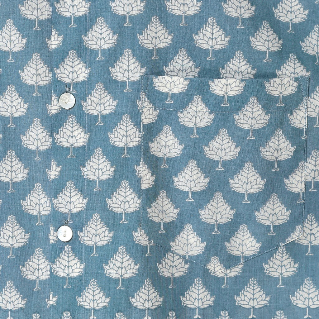 Happy Vibes Men’s Blue Block Print Cotton Shirt – White Leaf Print | Cool Summer Shirt for Holidays & Parties