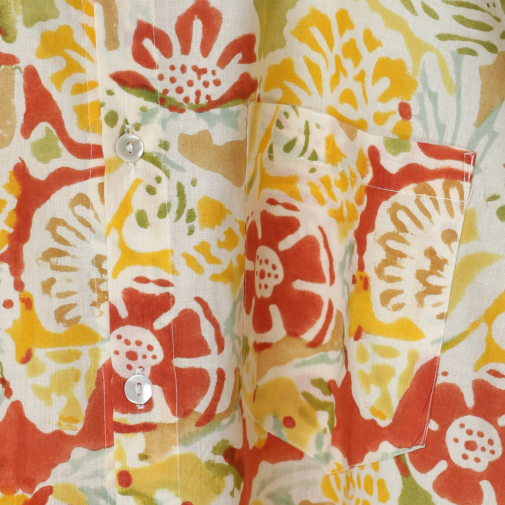 Men’s Yellow Orange Floral Block Print Cotton Shirt – Short Sleeve Collar Shirt | Jaipur Handcrafted