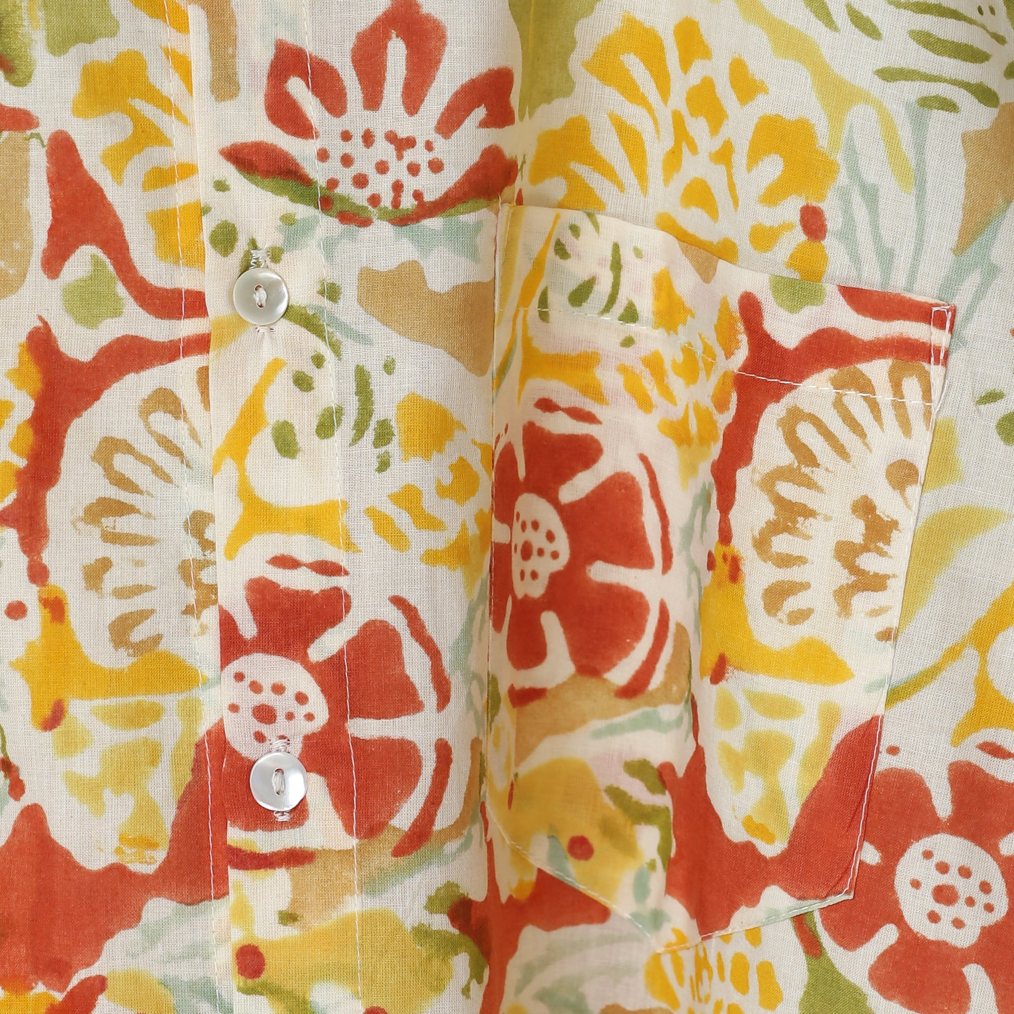 Men’s Yellow Orange Floral Block Print Cotton Shirt – Short Sleeve Collar Shirt | Jaipur Handcrafted