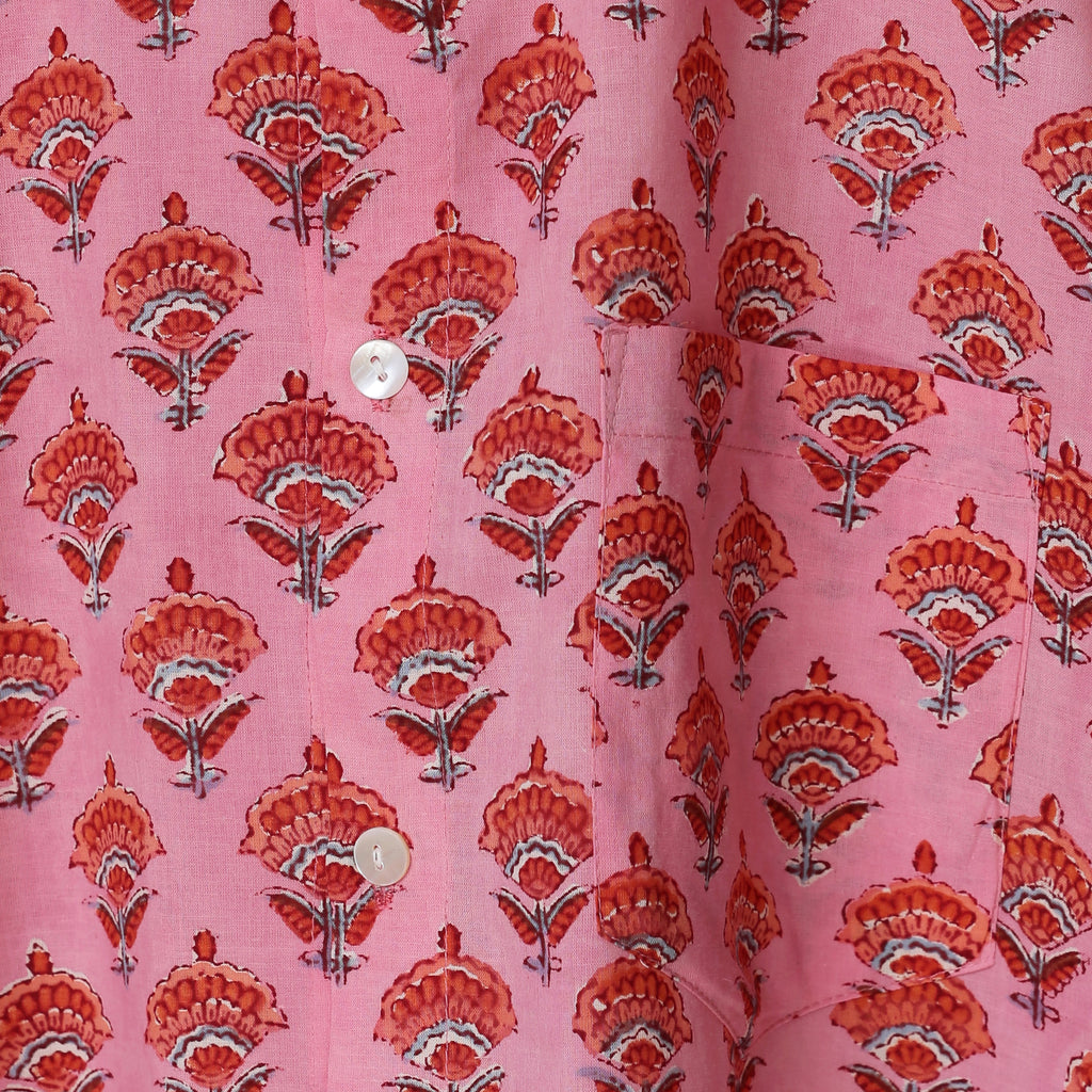 Blossom Mood Men’s Pink Cotton Shirt – Maroon & Orange Marigold Block Print | Floral Summer Shirt