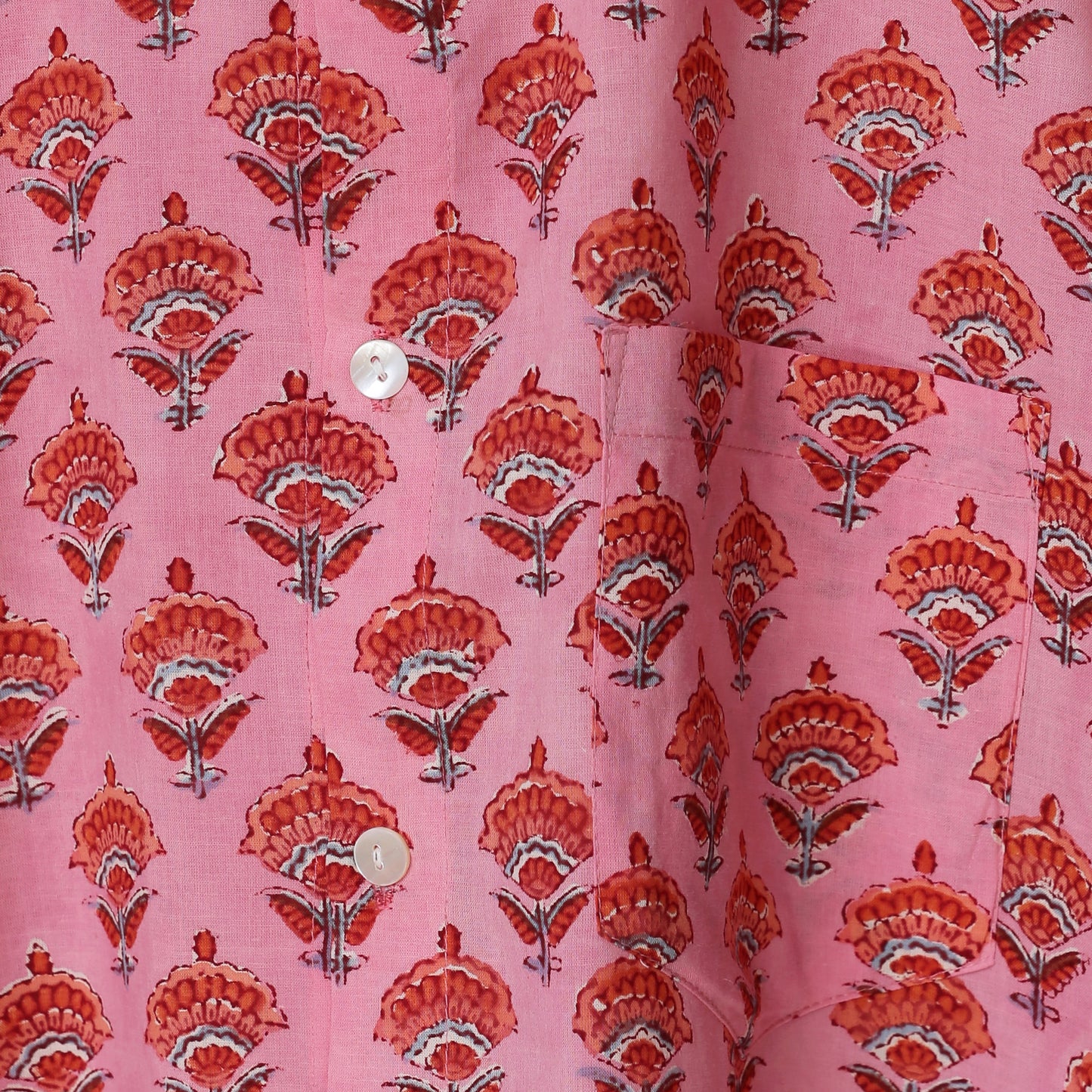 Blossom Mood Men’s Pink Cotton Shirt – Maroon & Orange Marigold Block Print | Floral Summer Shirt