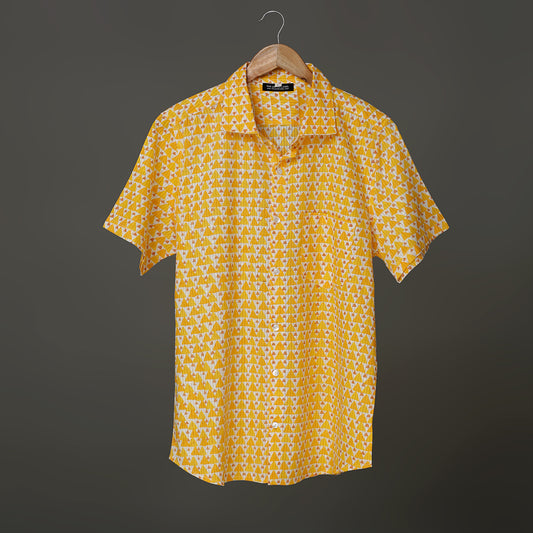 Sunny Vibe Men’s White Cotton Shirt – Mustard Yellow Geometric Block Print | Summer Holiday Style
