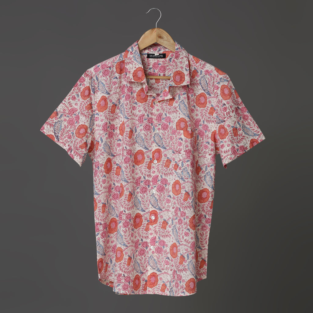 Flora Vibes Men’s White Cotton Shirt – Pink, Blue & Orange Floral Block Print | Summer Leafy Shirt