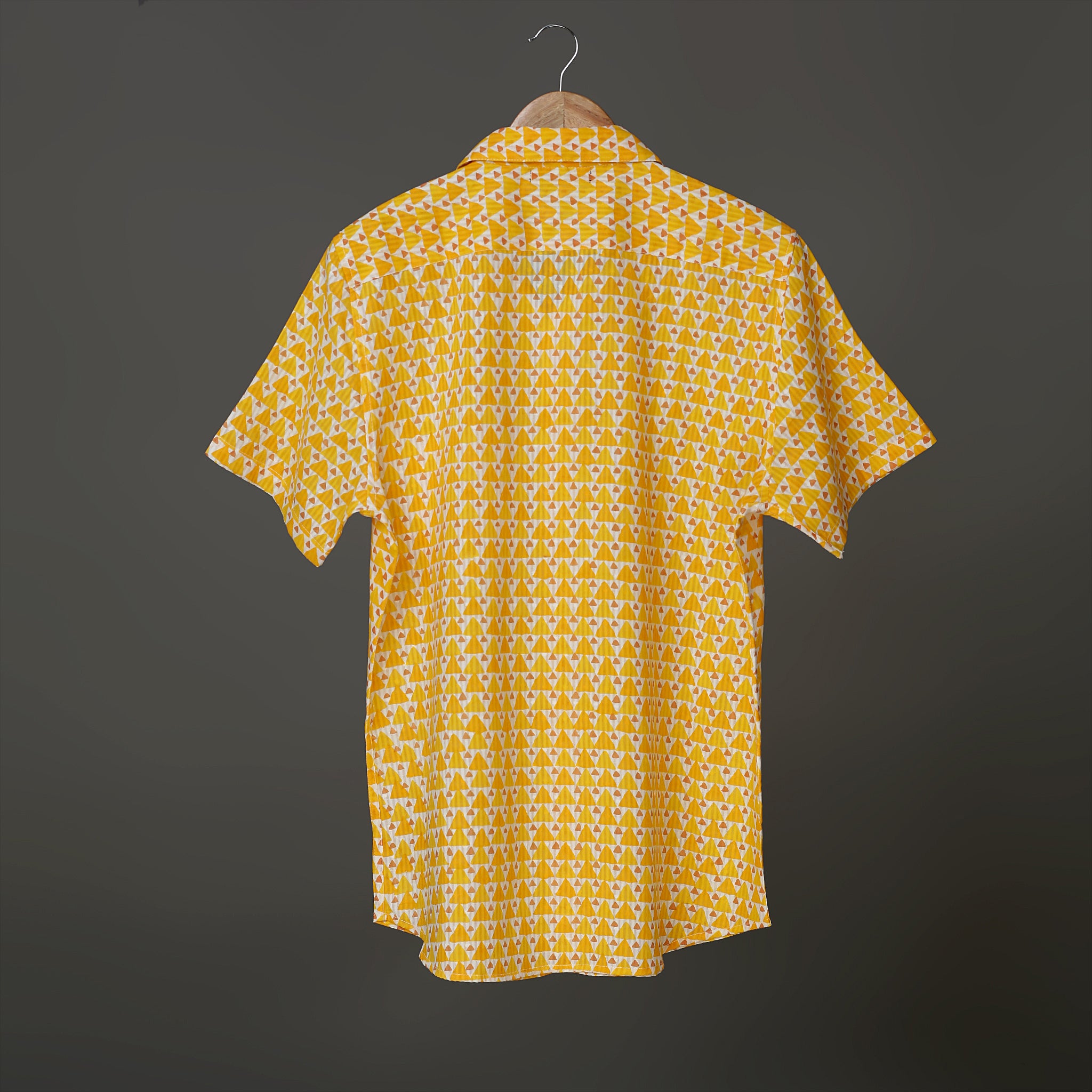 Sunny Vibe Men’s White Cotton Shirt – Mustard Yellow Geometric Block Print | Summer Holiday Style