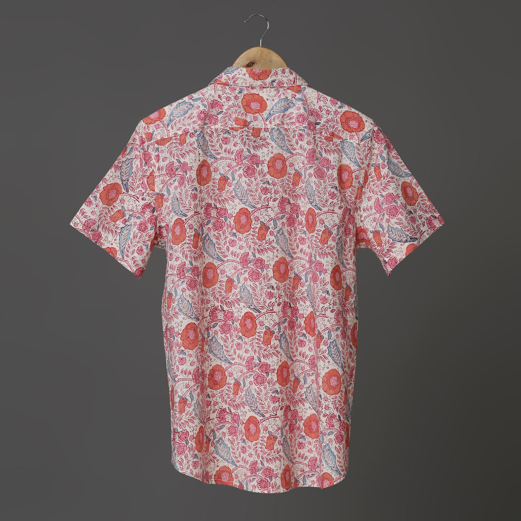 Flora Vibes Men’s White Cotton Shirt – Pink, Blue & Orange Floral Block Print | Summer Leafy Shirt