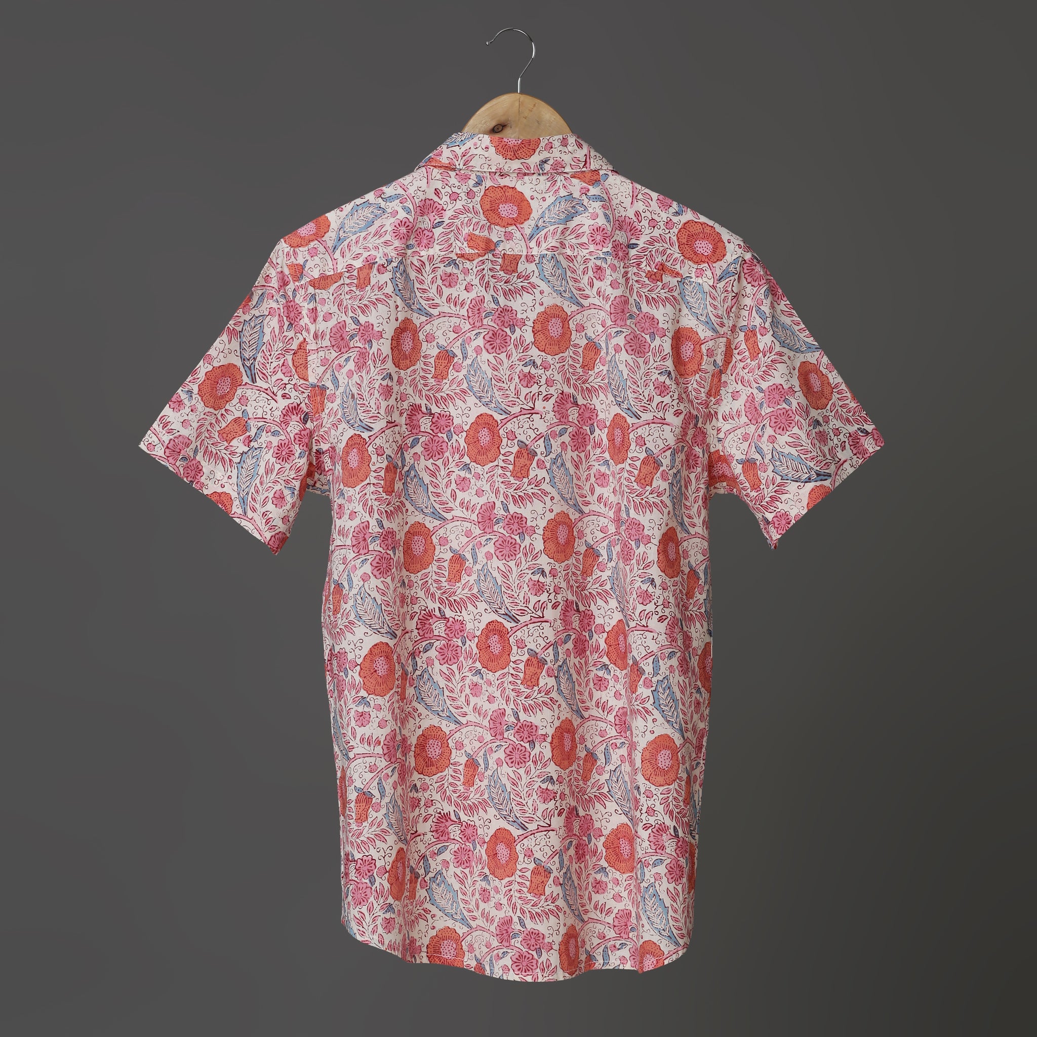 Flora Vibes Men’s White Cotton Shirt – Pink, Blue & Orange Floral Block Print | Summer Leafy Shirt
