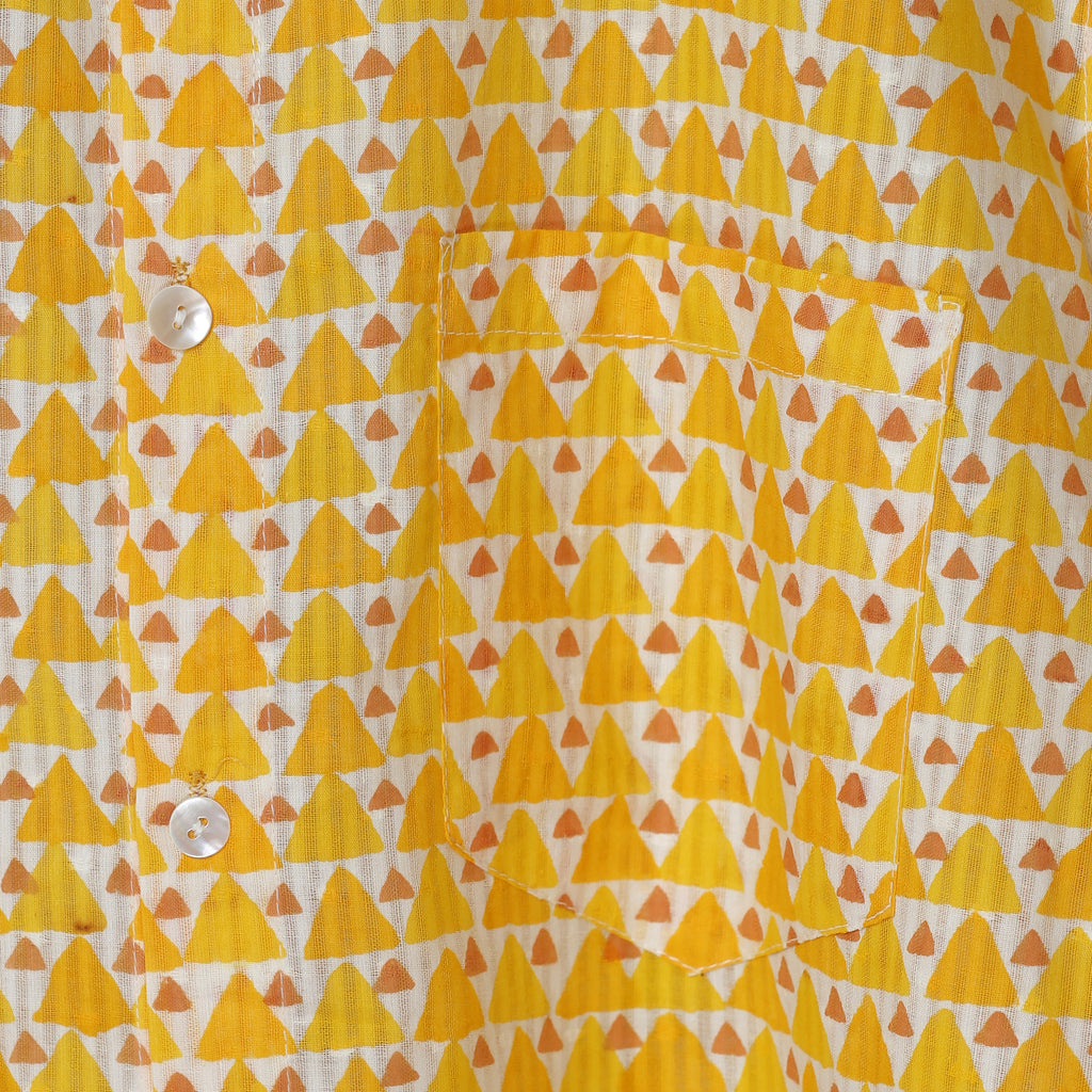 Sunny Vibe Men’s White Cotton Shirt – Mustard Yellow Geometric Block Print | Summer Holiday Style