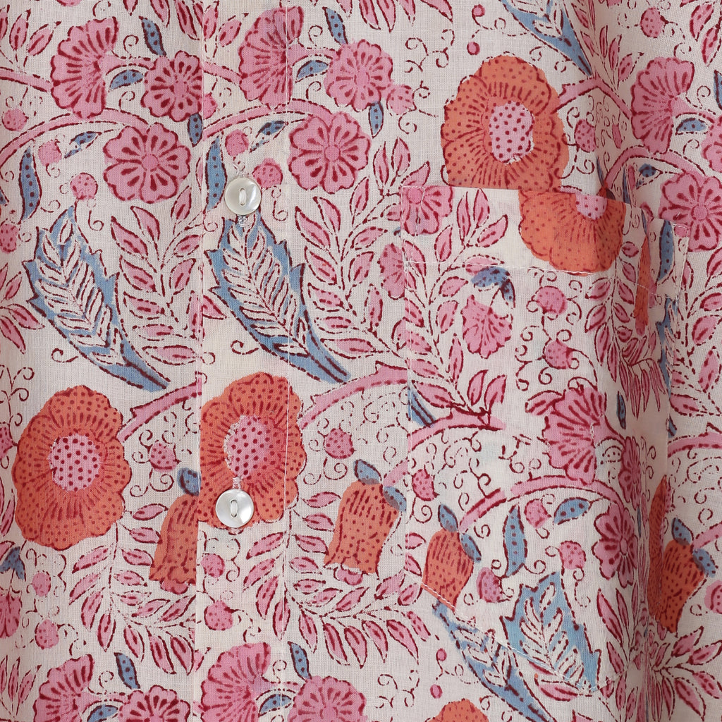 Flora Vibes Men’s White Cotton Shirt – Pink, Blue & Orange Floral Block Print | Summer Leafy Shirt