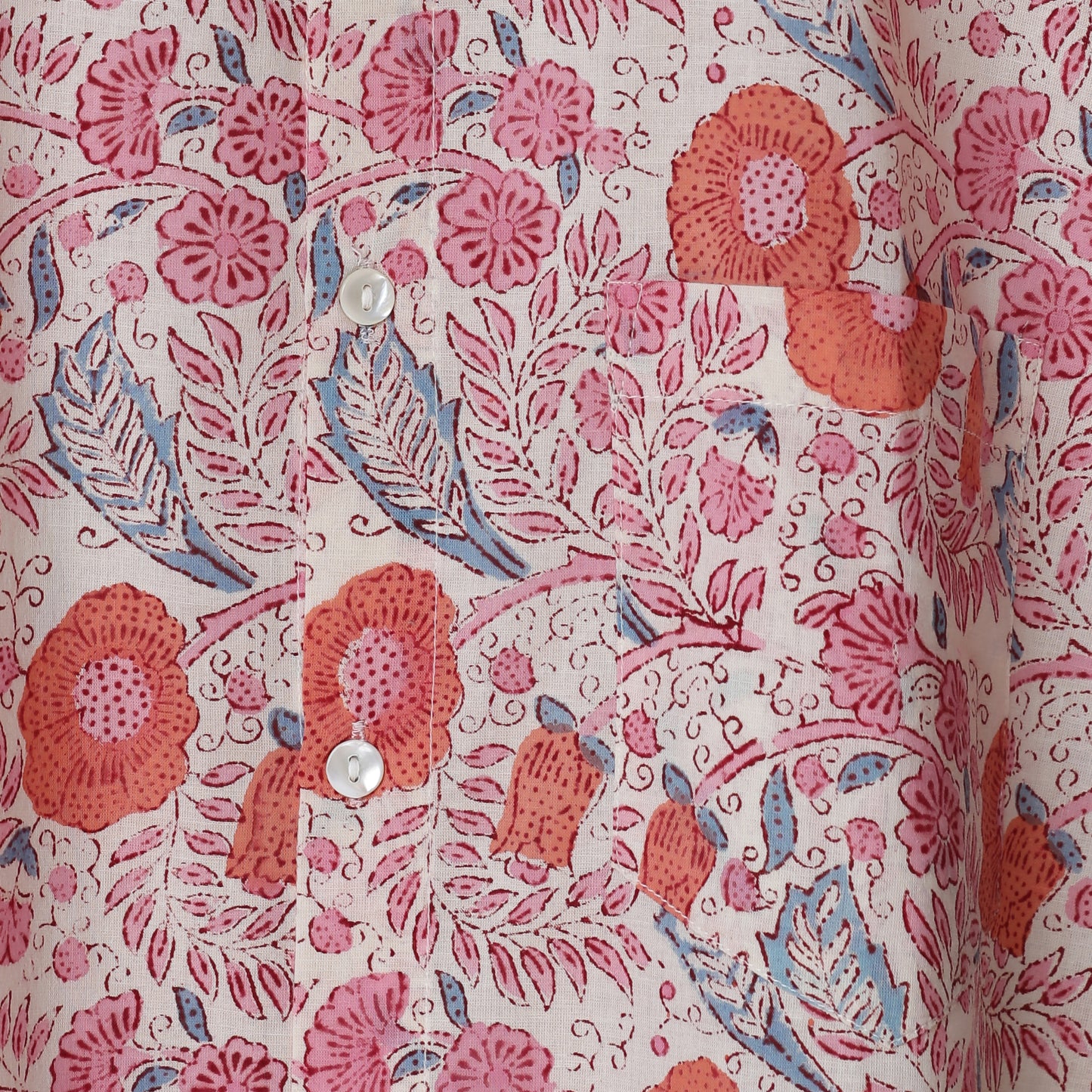 Flora Vibes Men’s White Cotton Shirt – Pink, Blue & Orange Floral Block Print | Summer Leafy Shirt