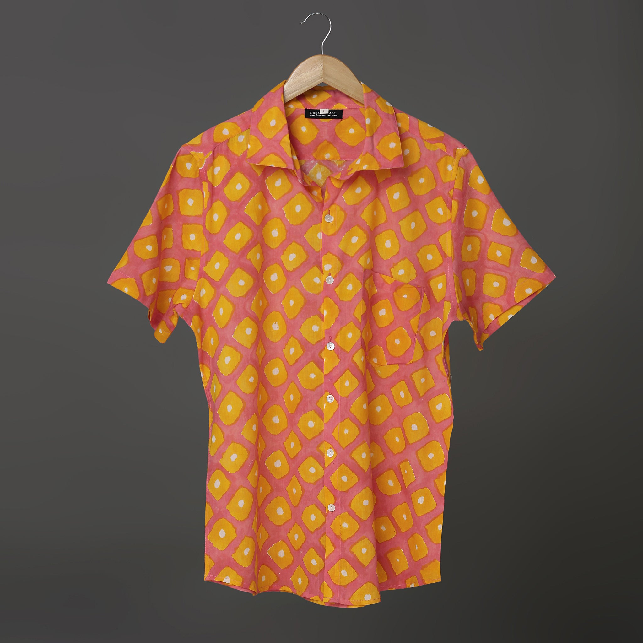 Bandhej Bloom Men’s Pink Cotton Shirt – Yellow & White Tie-Dye Inspired Print | Festive Summer Shirt