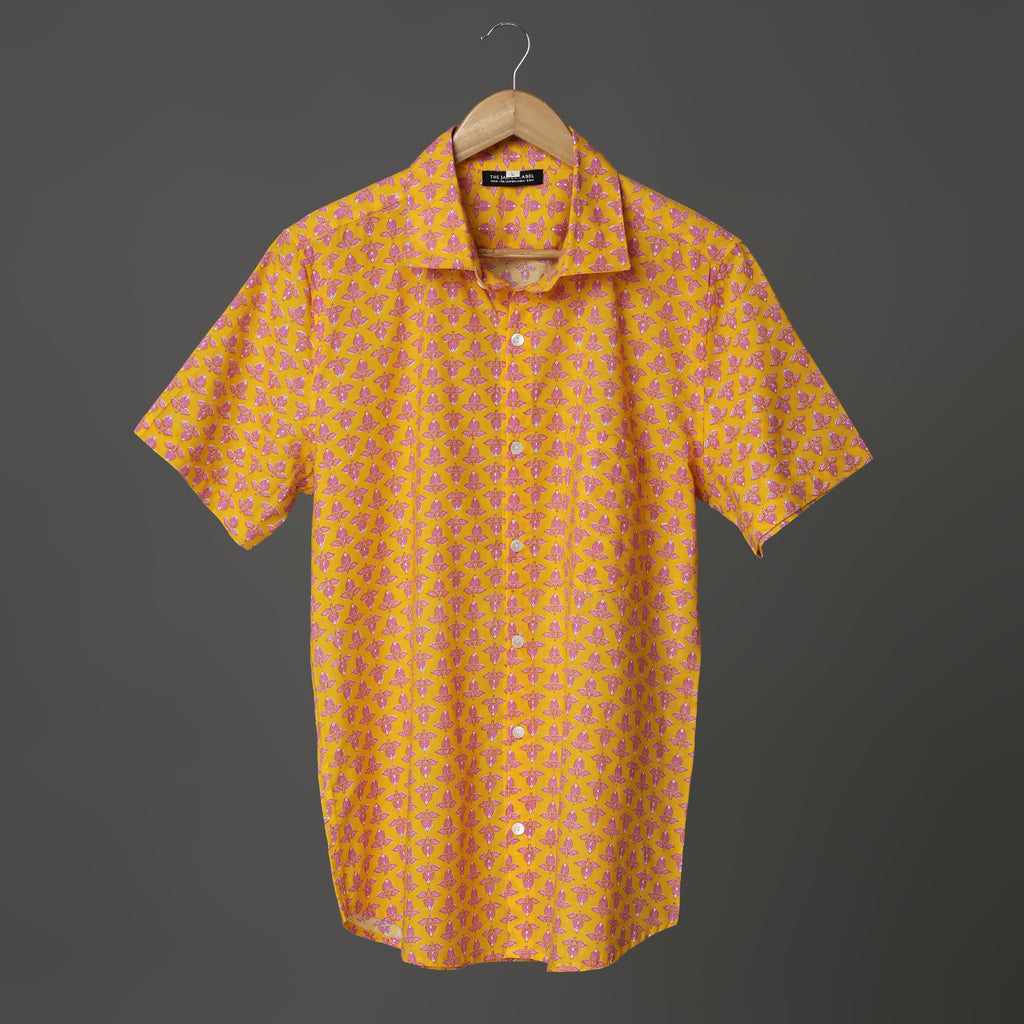 Sunrise Men’s Yellow Cotton Shirt – Floral Bud Block Print | Bright Summer Shirt in Soft Cotton
