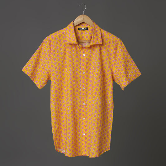 Sunrise Men’s Yellow Cotton Shirt – Floral Bud Block Print | Bright Summer Shirt in Soft Cotton