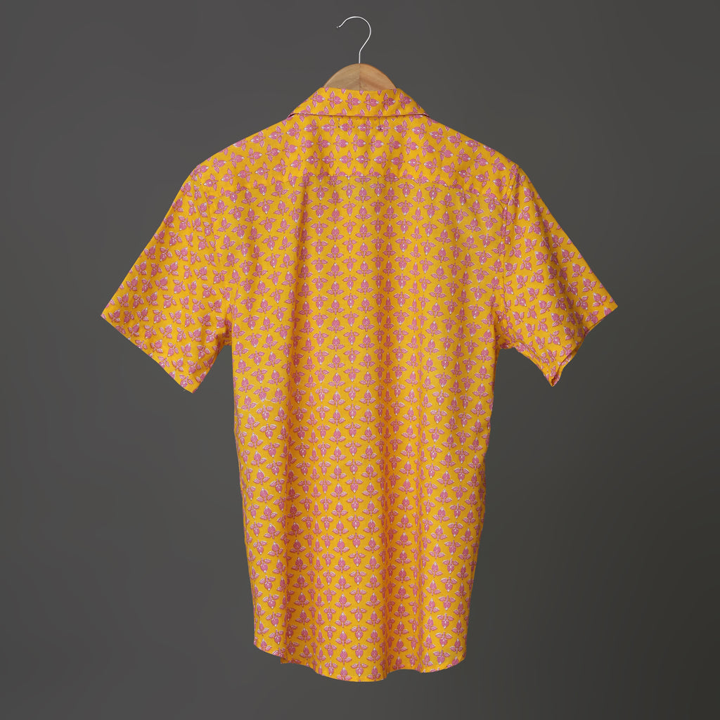 Sunrise Men’s Yellow Cotton Shirt – Floral Bud Block Print | Bright Summer Shirt in Soft Cotton