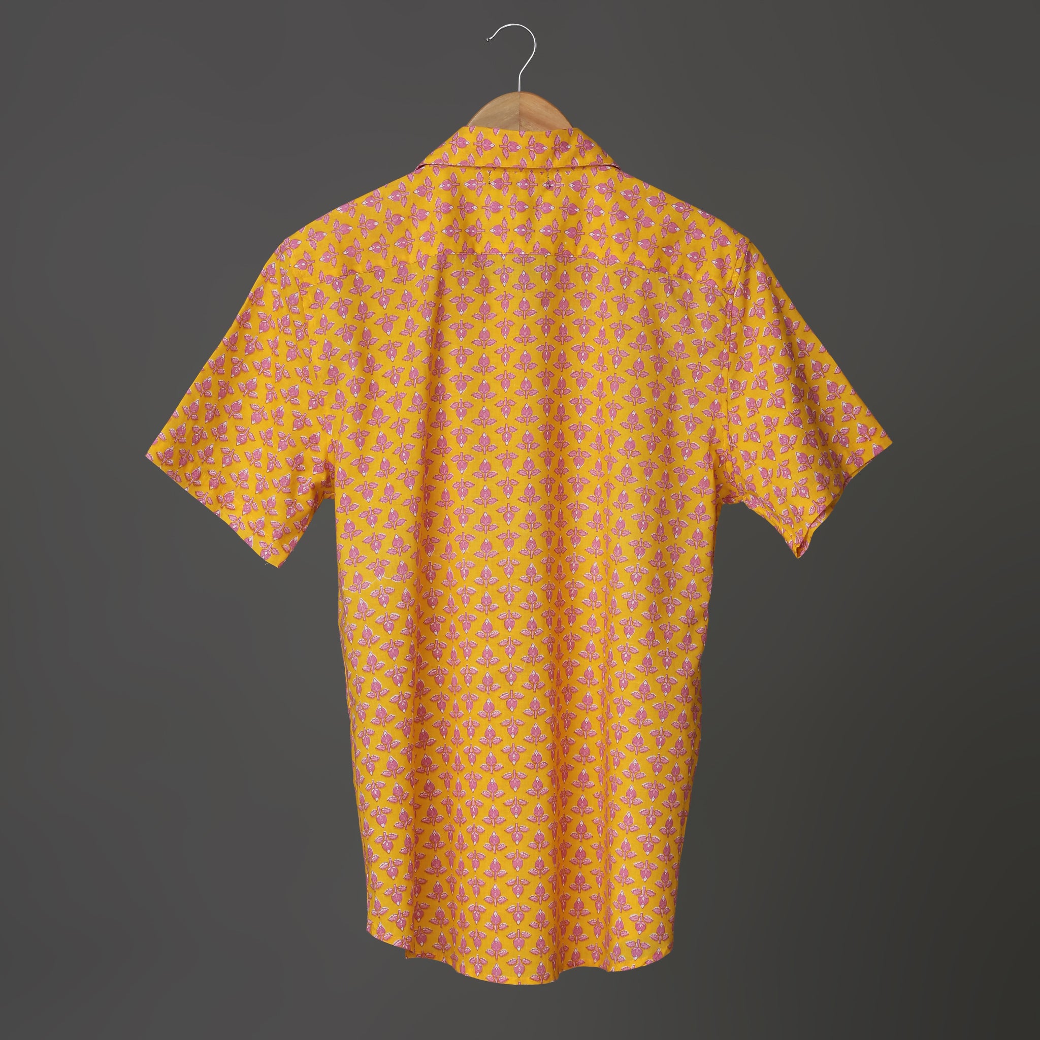 Sunrise Men’s Yellow Cotton Shirt – Floral Bud Block Print | Bright Summer Shirt in Soft Cotton