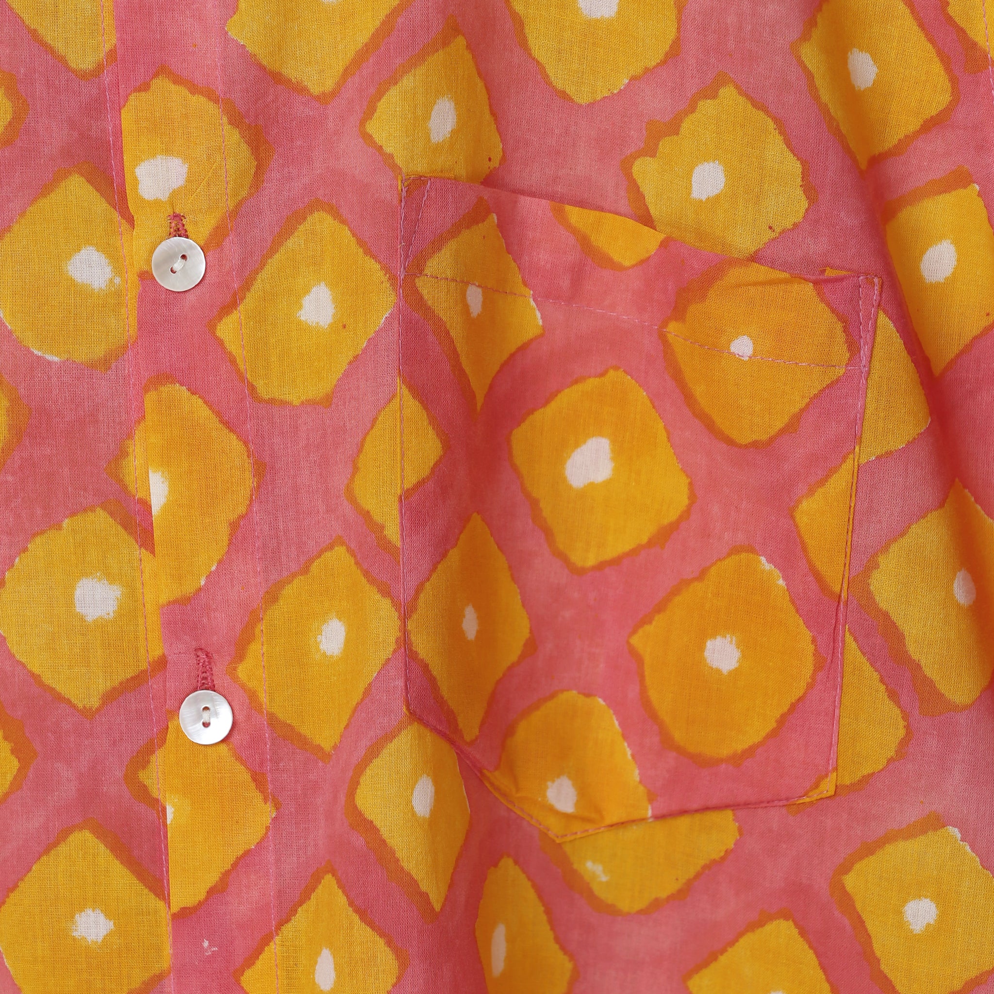 Bandhej Bloom Men’s Pink Cotton Shirt – Yellow & White Tie-Dye Inspired Print | Festive Summer Shirt