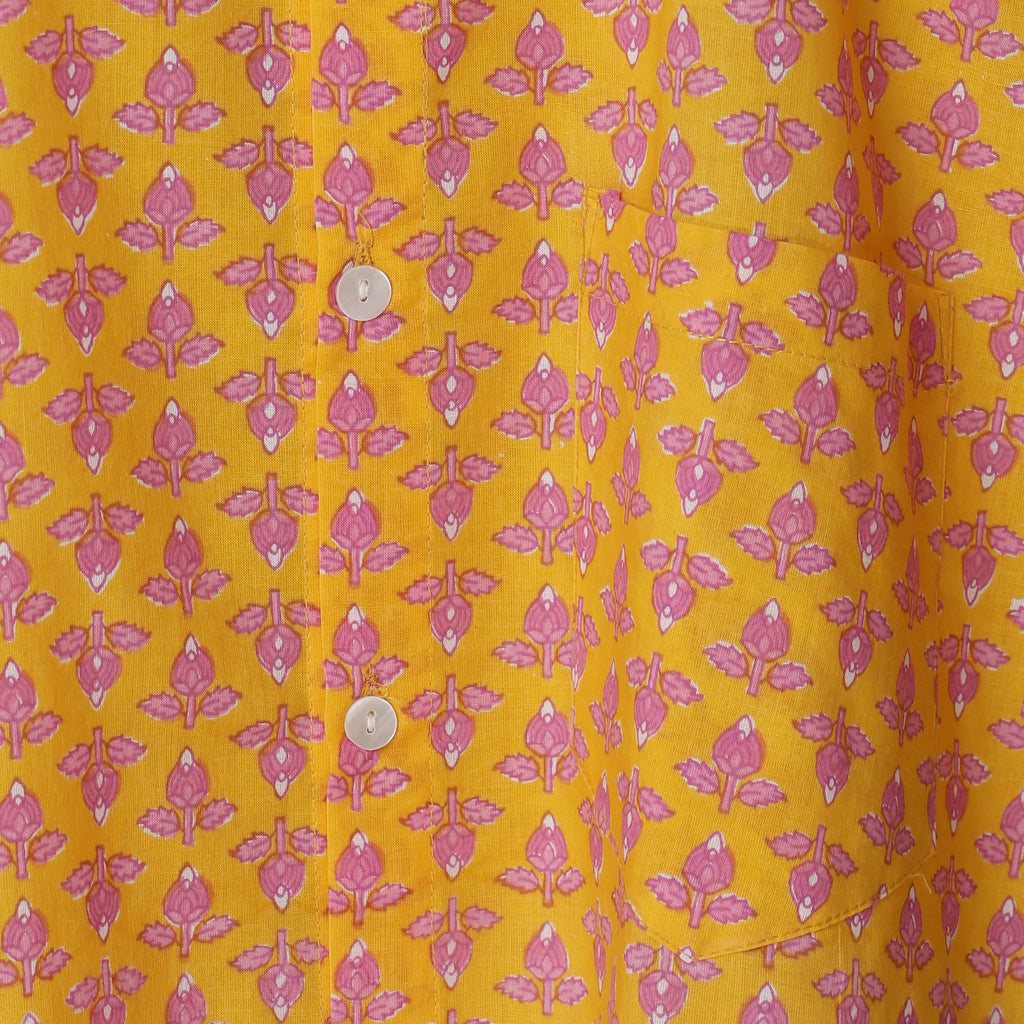 Sunrise Men’s Yellow Cotton Shirt – Floral Bud Block Print | Bright Summer Shirt in Soft Cotton