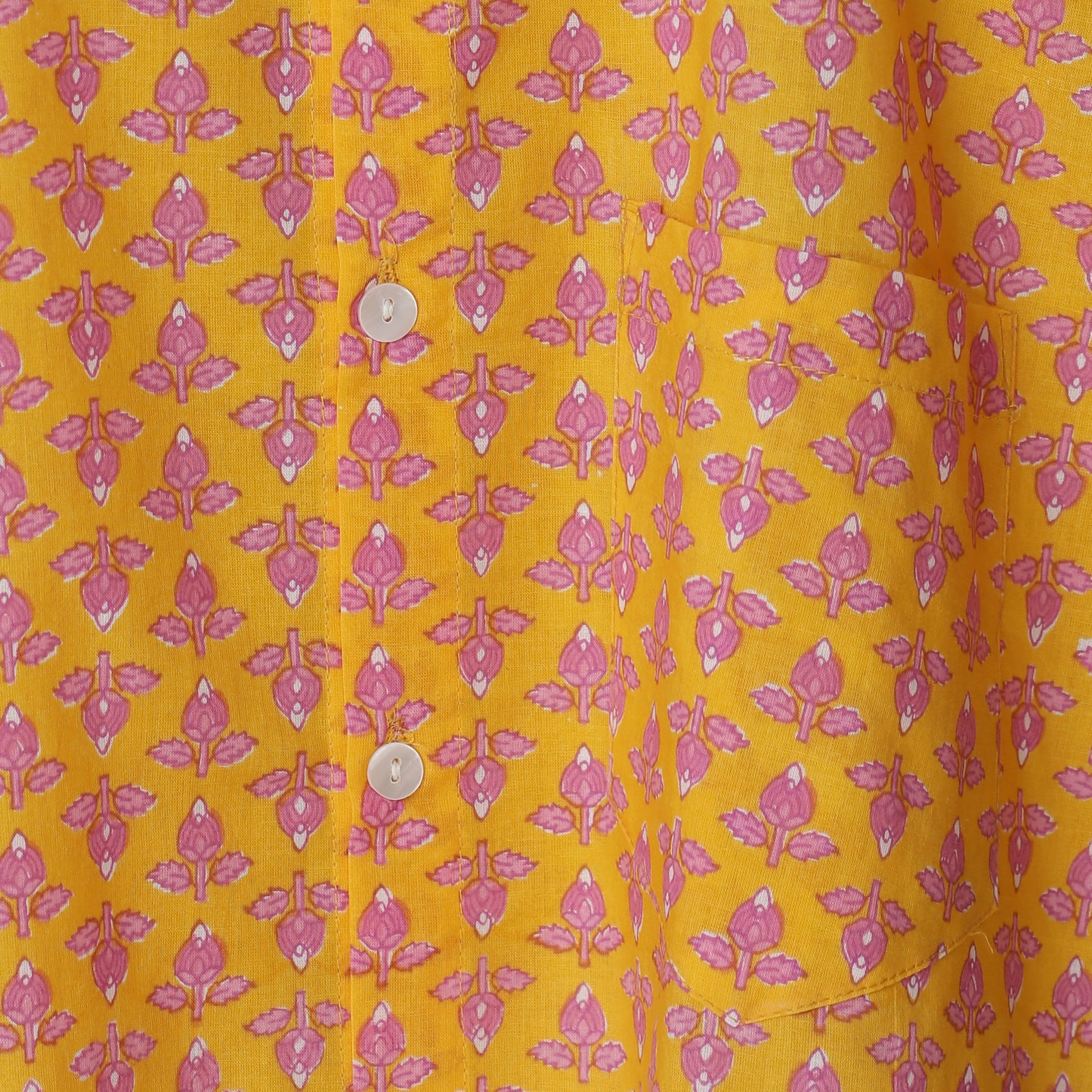 Sunrise Men’s Yellow Cotton Shirt – Floral Bud Block Print | Bright Summer Shirt in Soft Cotton