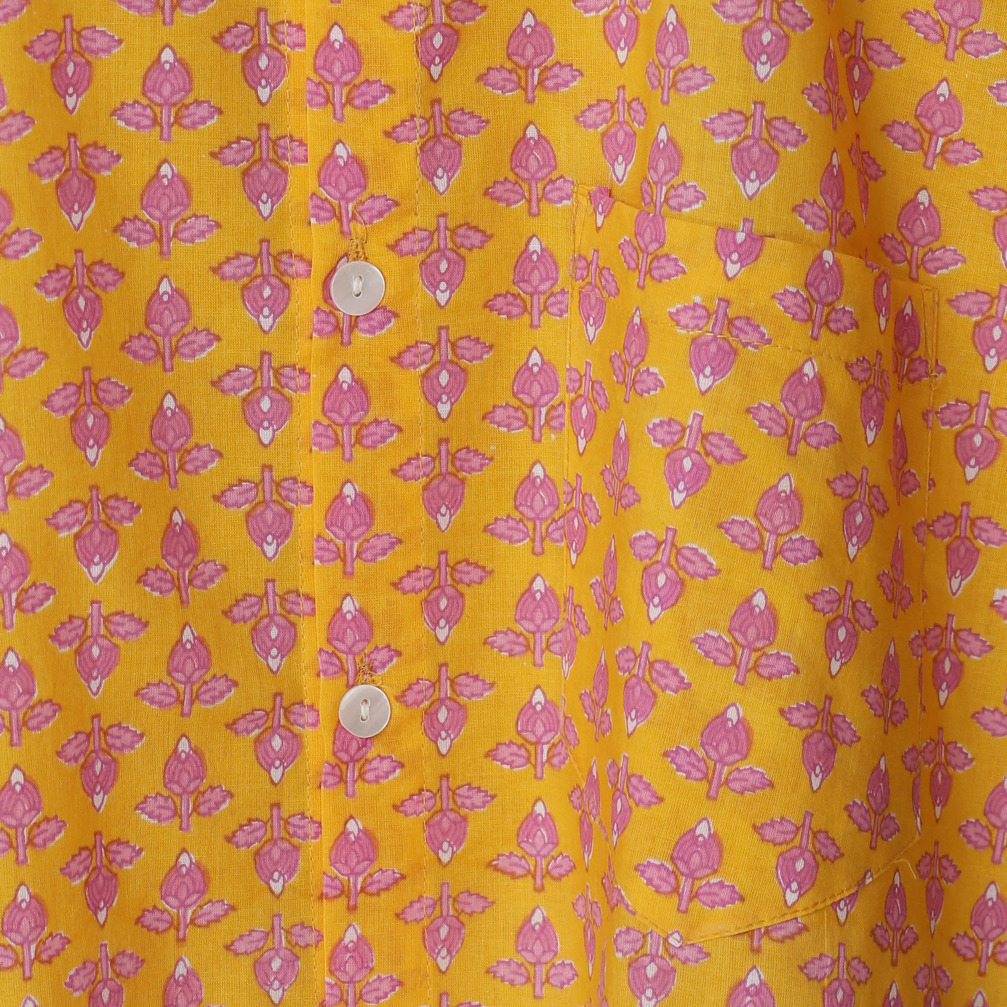 Sunrise Men’s Yellow Cotton Shirt – Floral Bud Block Print | Bright Summer Shirt in Soft Cotton