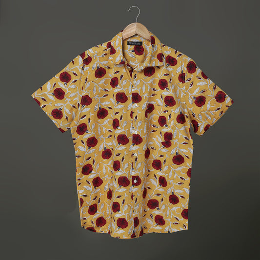 Bright Mustard Floral Shirt for Men – Maroon Hibiscus Print in Soft Cotton