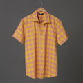 Retro Check Men’s Cotton Shirt – Yellow & Pink Block Print | Vibrant Summer Look