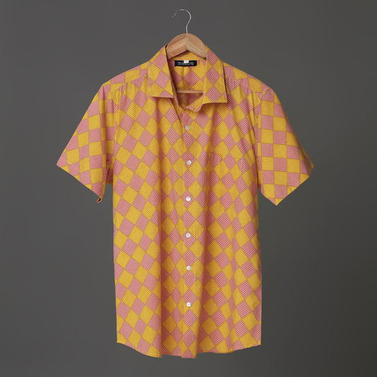 Retro Check Men’s Cotton Shirt – Yellow & Pink Block Print | Vibrant Summer Look