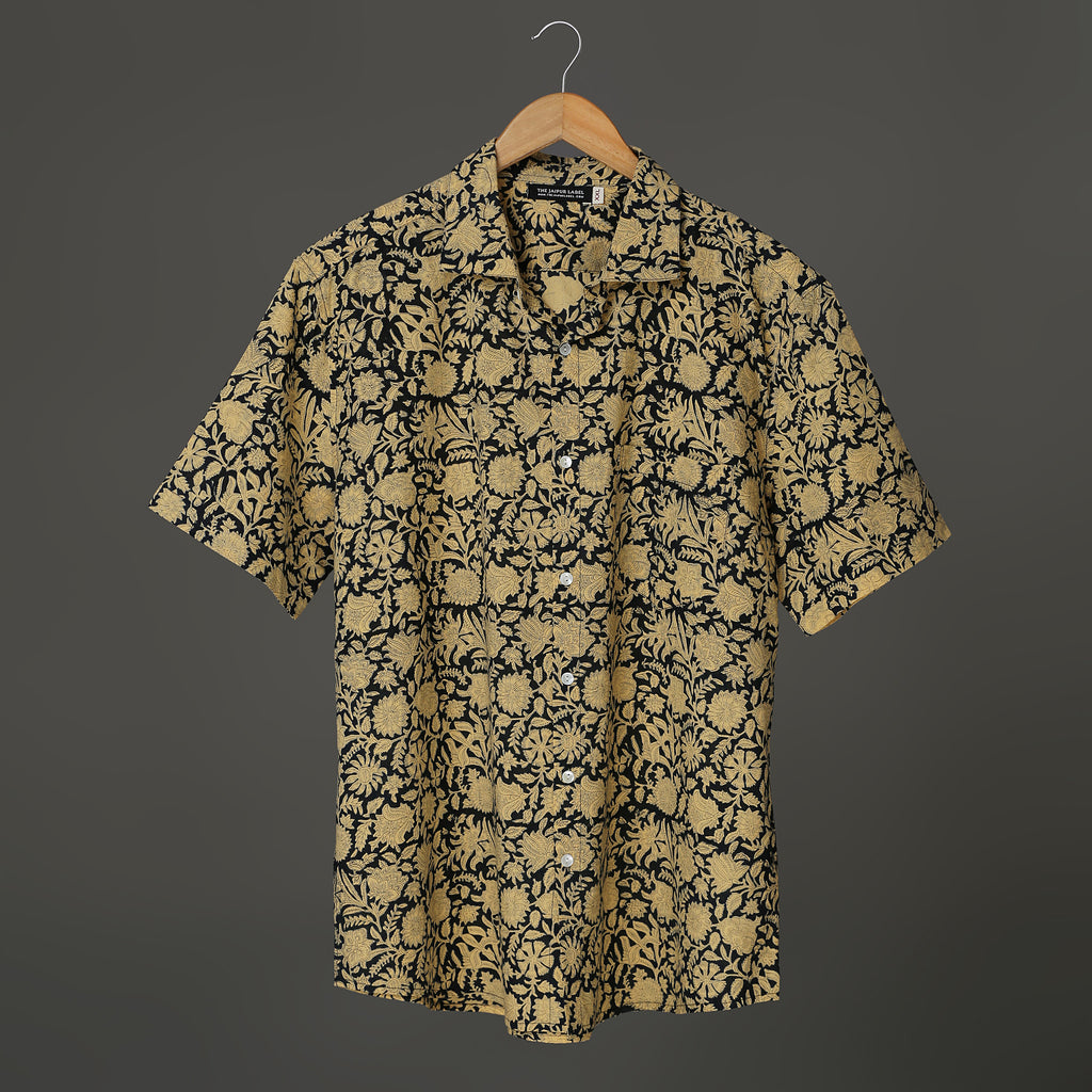 Men’s Hand Block Print Cotton Shirt – Black & Beige Floral | Jaipur Royal Threads