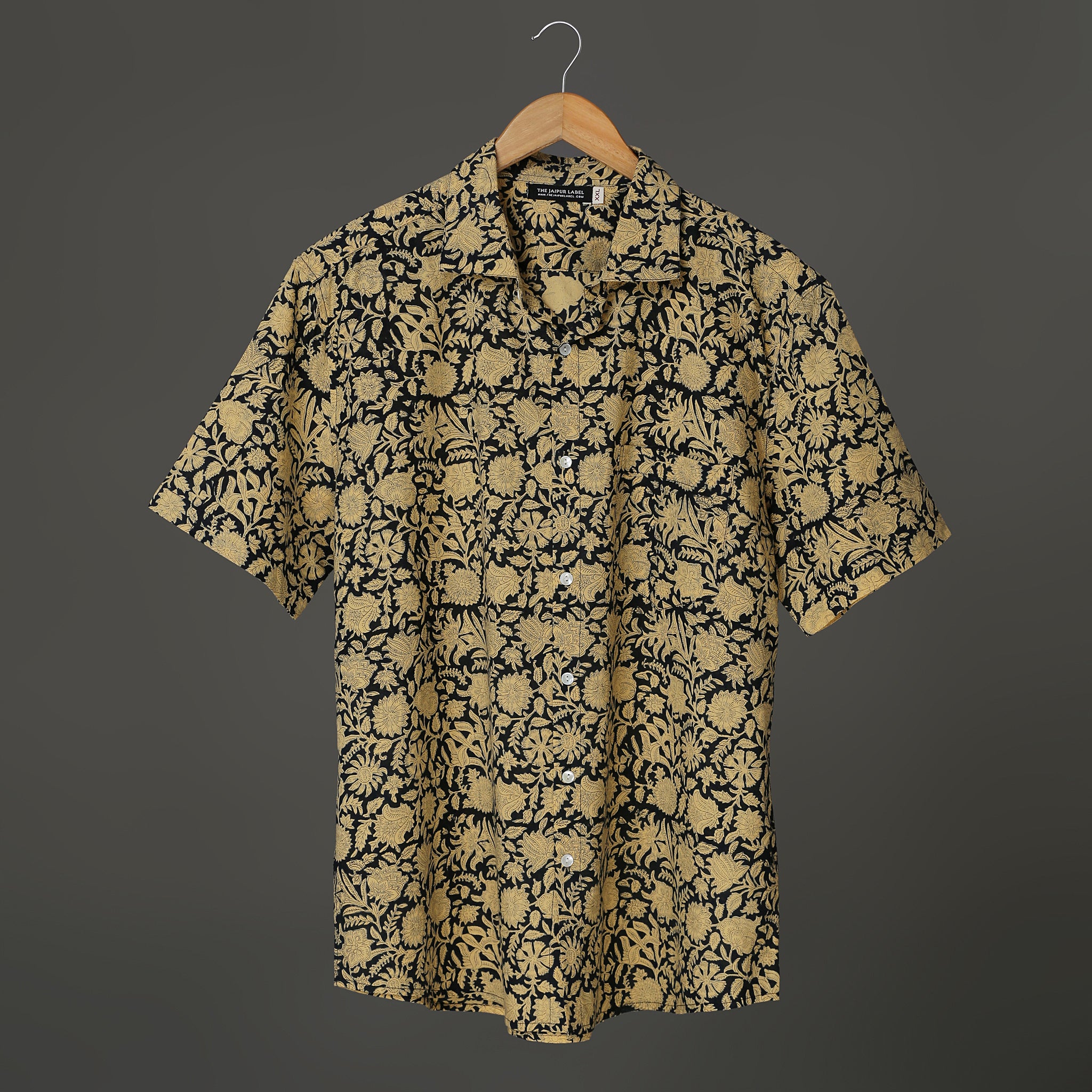 Men’s Hand Block Print Cotton Shirt – Black & Beige Floral | Jaipur Royal Threads