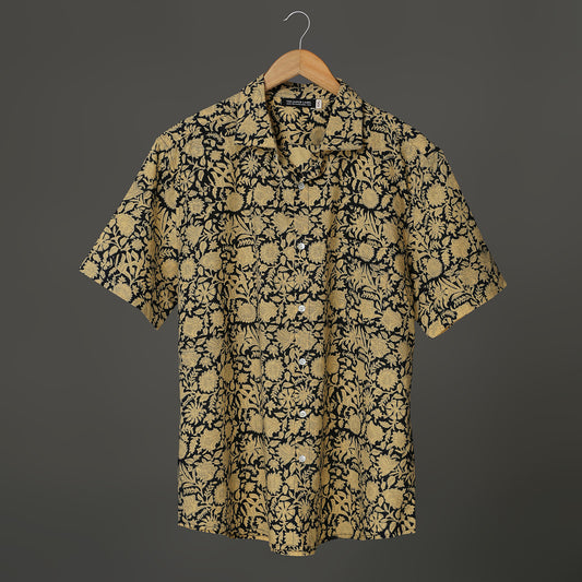 Men’s Hand Block Print Cotton Shirt – Black & Beige Floral | Jaipur Royal Threads