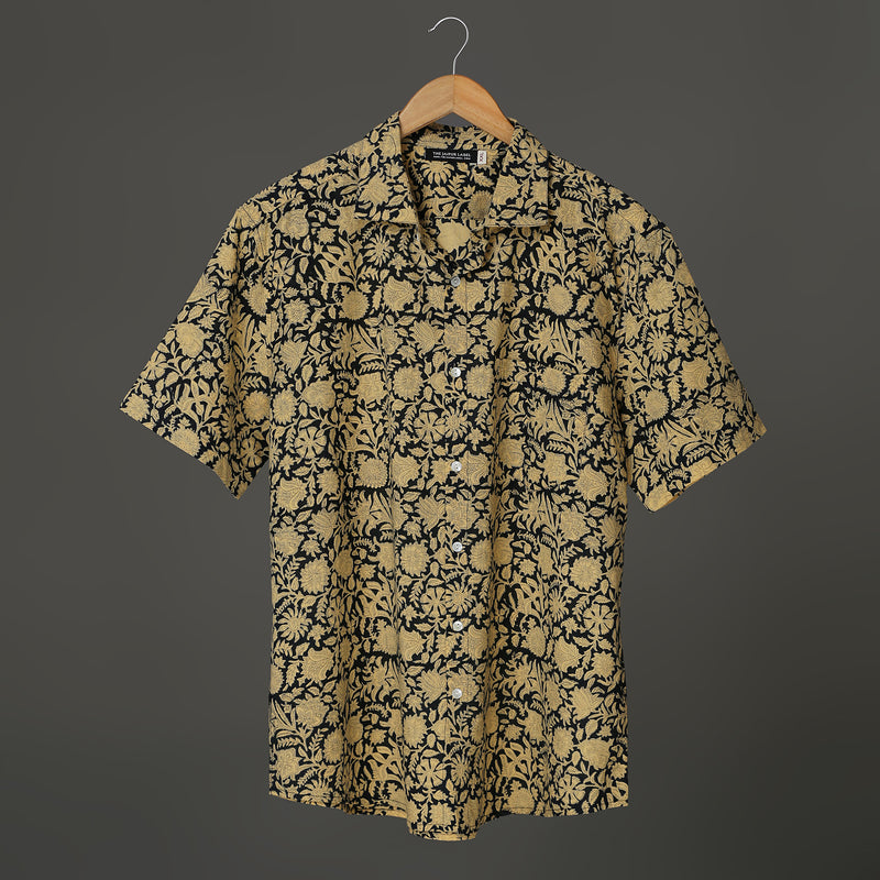 Black Beige Floral Block Print Cotton Shirt for Men