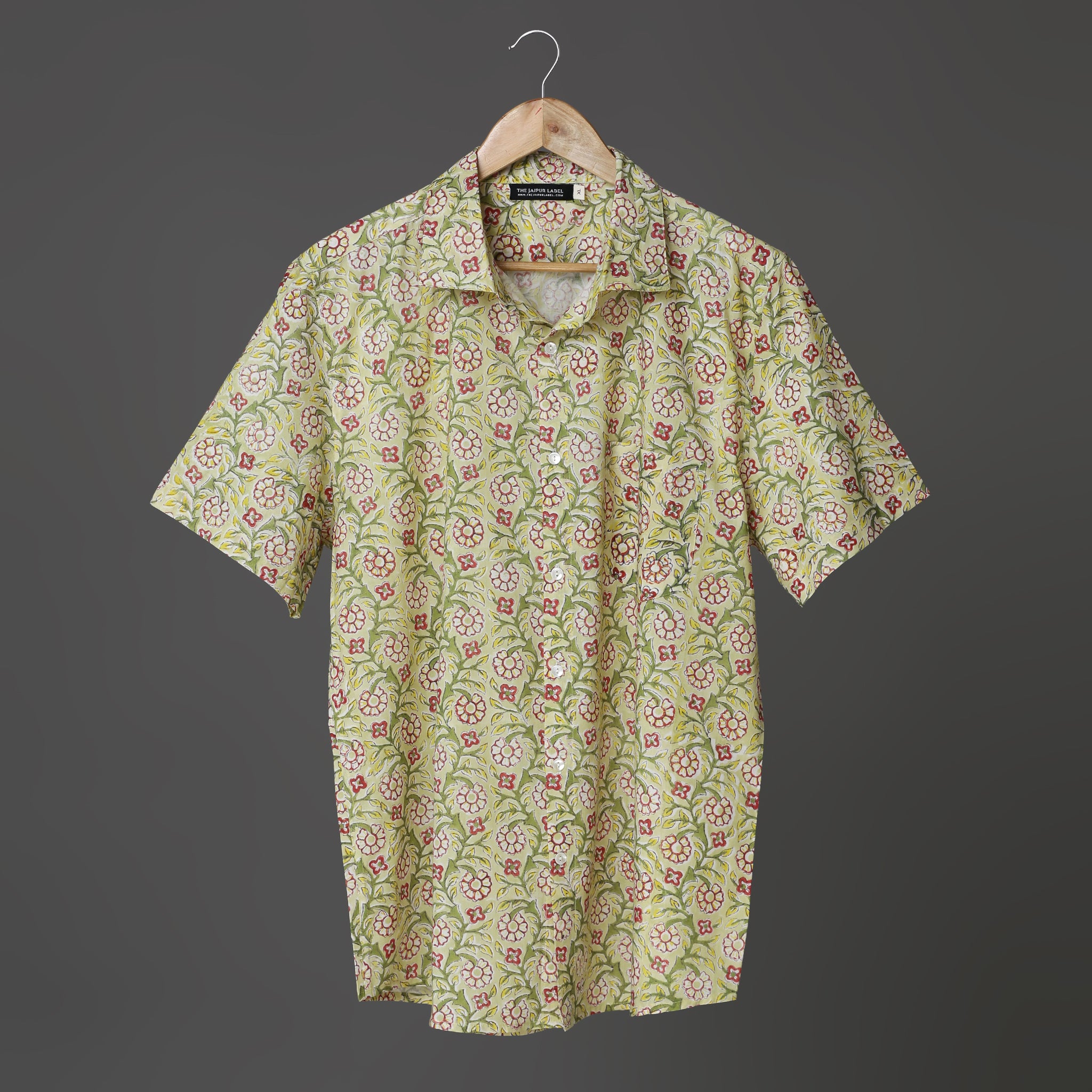 Green Small Floral Print Hand Block Print Summer Wear Cotton Shirt for Men