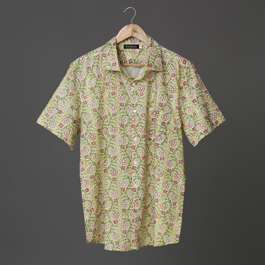 Green Small Floral Print Hand Block Print Summer Wear Cotton Shirt for Men