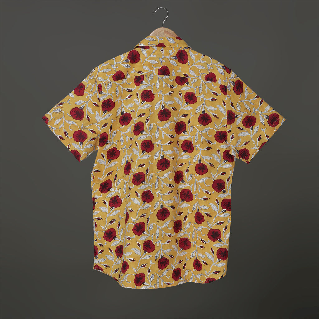 Bright Mustard Floral Shirt for Men – Maroon Hibiscus Print in Soft Cotton