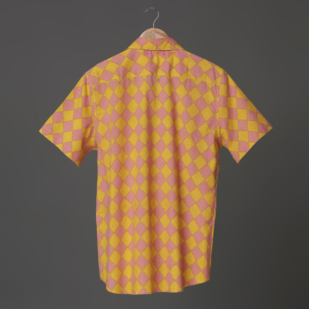 Retro Check Men’s Cotton Shirt – Yellow & Pink Block Print | Vibrant Summer Look