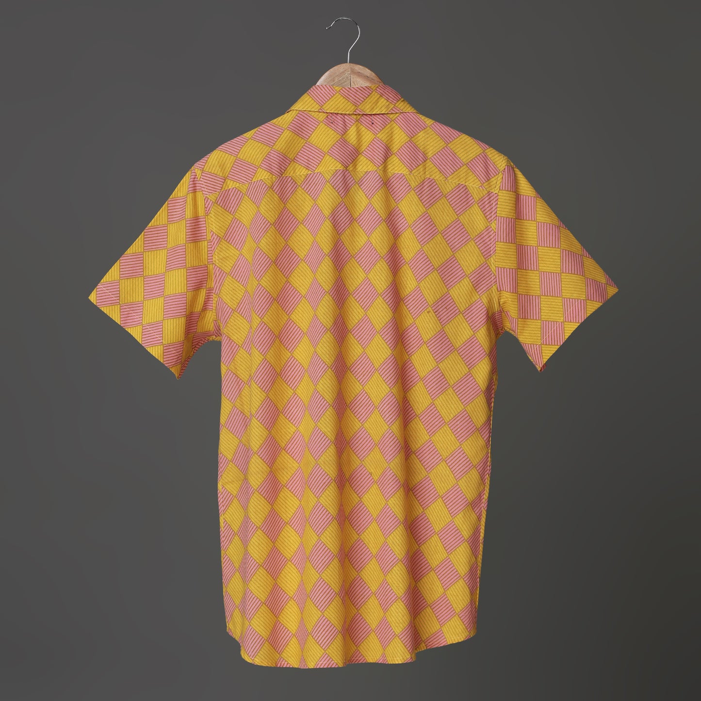 Retro Check Men’s Cotton Shirt – Yellow & Pink Block Print | Vibrant Summer Look