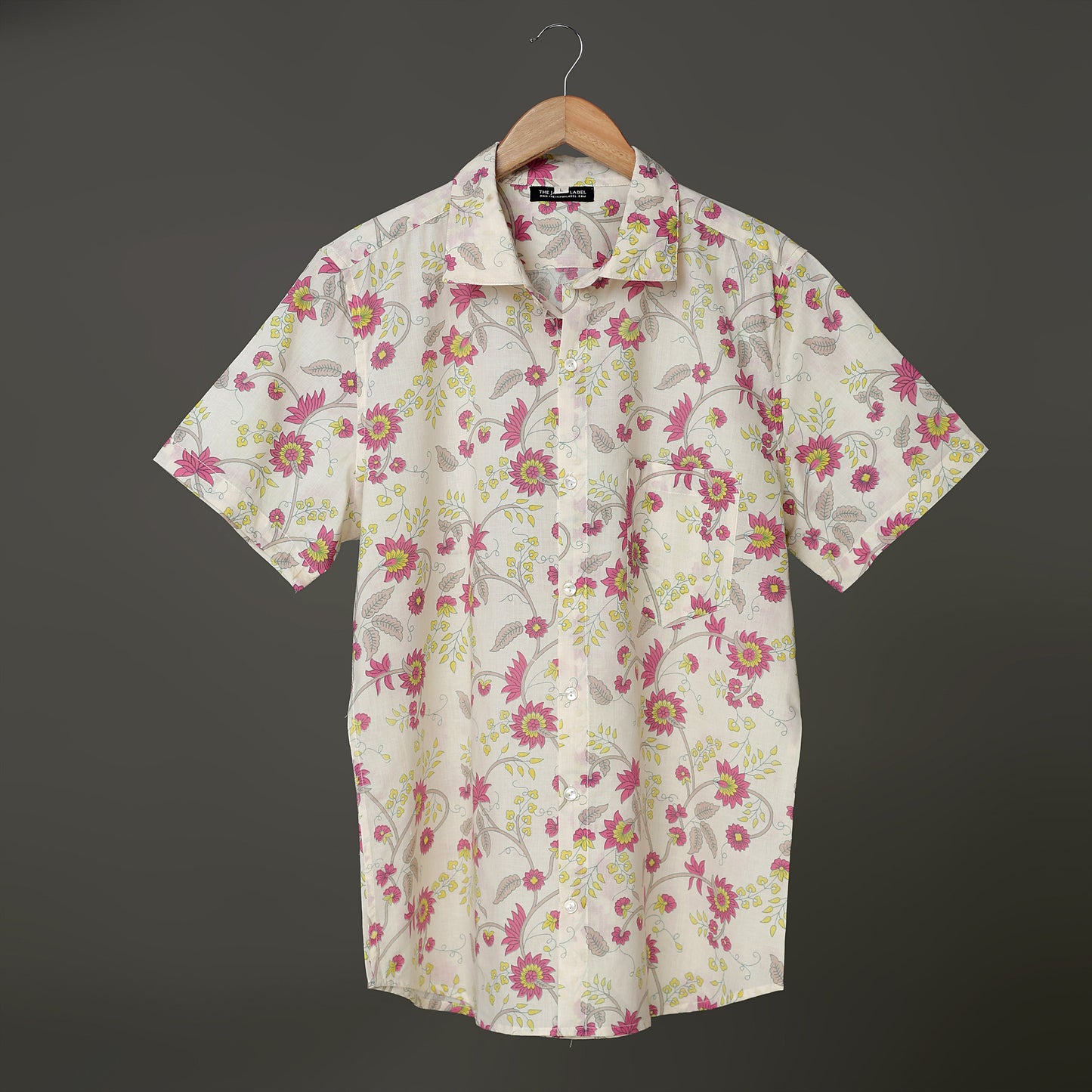 Ceam Off White color Men's Pink Flower  Hand Block Print Short Sleeve hirt